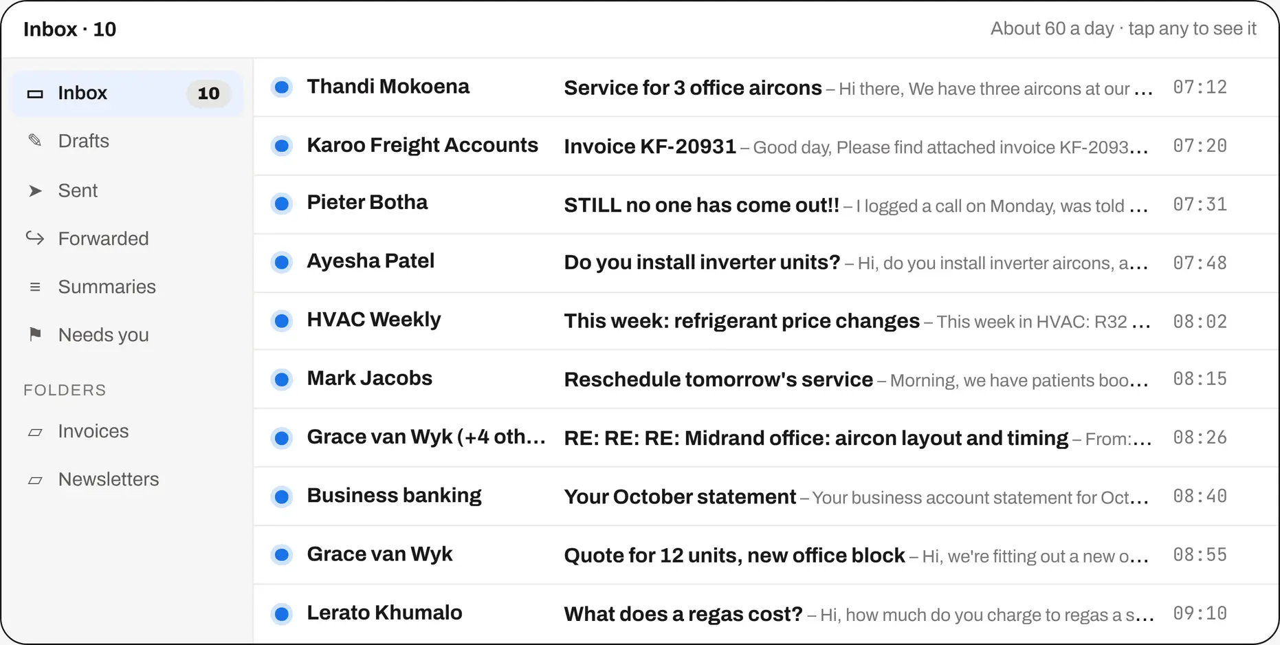 An inbox with ten unread emails: quote requests, an invoice, a complaint, a newsletter, a long thread and a bank statement, all mixed together.